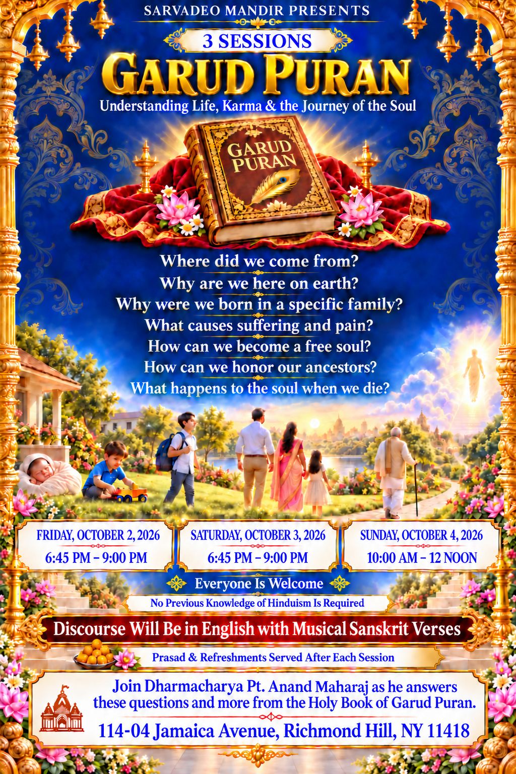 Garud Puran at Sarvadeo Mandir — three sessions with Dharmacharya Pt. Anand Maharaj: Friday 2nd October 2026 and Saturday 3rd October 2026, 6:45 PM to 9:00 PM, and Sunday 4th October 2026, 10:00 AM to 12 noon