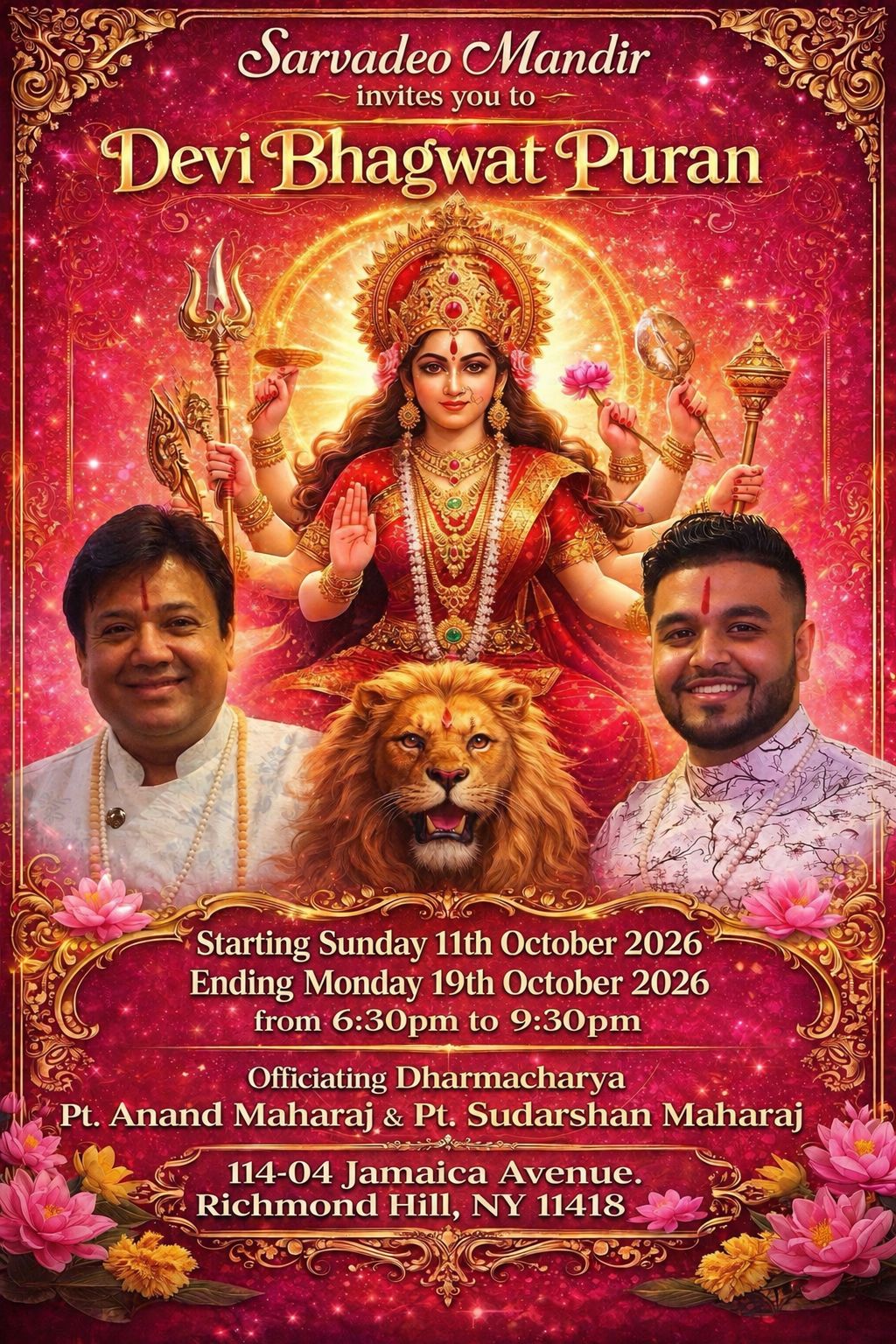 Devi Bhagwat Puran at Sarvadeo Mandir — Sunday 11th October to Monday 19th October 2026, 6:30 PM to 9:30 PM, officiated by Dharmacharya Pt. Anand Maharaj and Pt. Sudarshan Maharaj