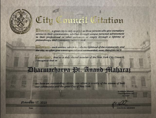 City Council Citation — Dharmacharya Pt. Anand Maharaj