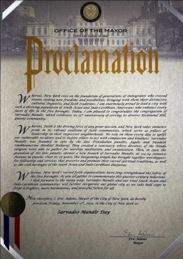Mayoral Proclamation — Sarvadeo Mandir Day, November 17th